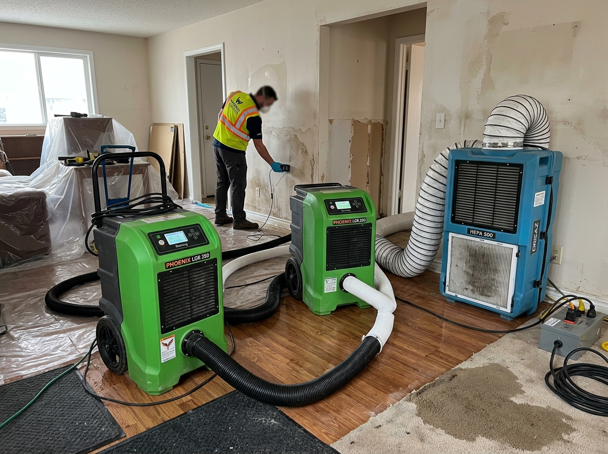 Commercial dehumidifiers and drying air movers in place