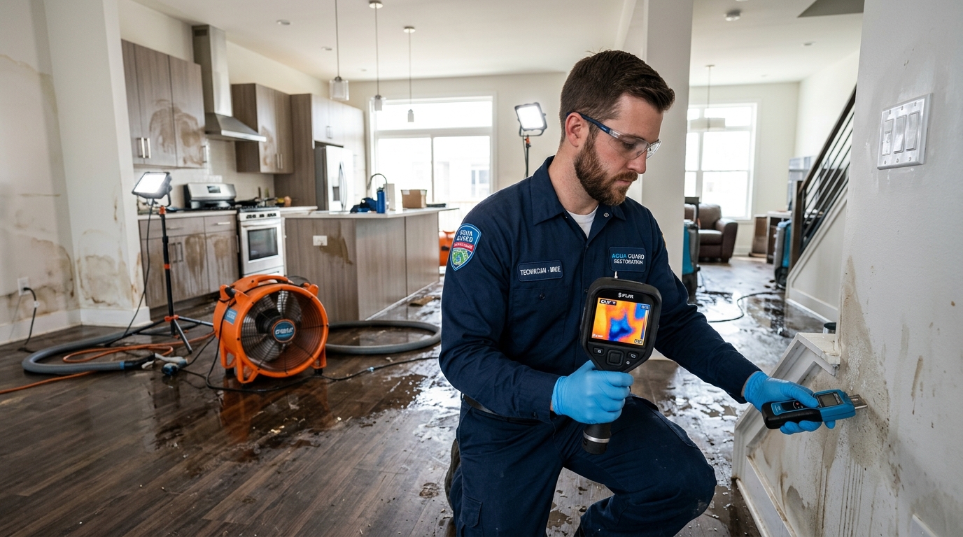 Professional water damage restoration technician conducting moisture inspection